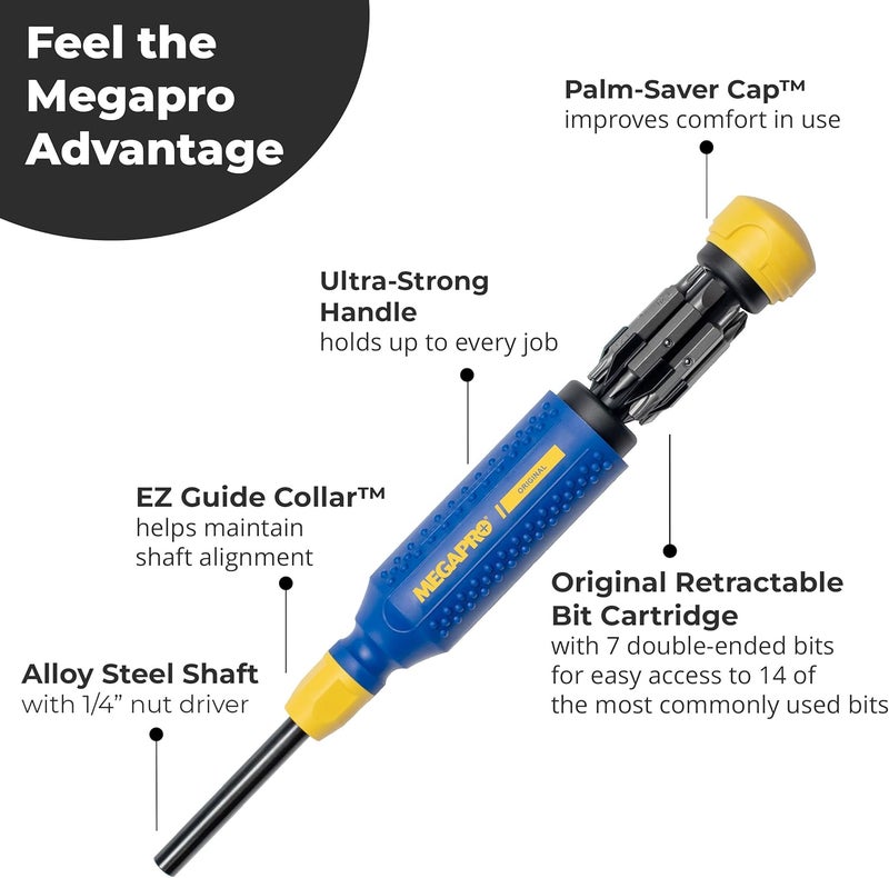 Megapro ® 15-in-1 Original Multi-bit Screwdriver | Home DIY & Repair | Construction | Tradeswork | 14 Industrial-grade bit tips | 1/4" Hex Drive in shaft (Original) - Image 3